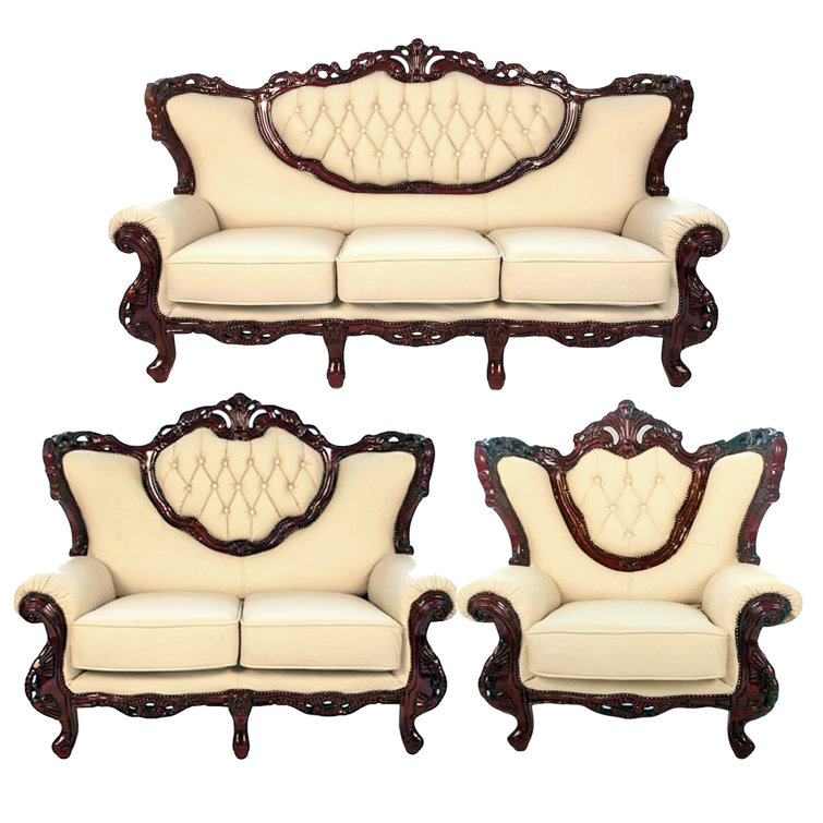 Bloomsbury Market 3 Piece Tufted Ivory Genuine Leather Living Room Set